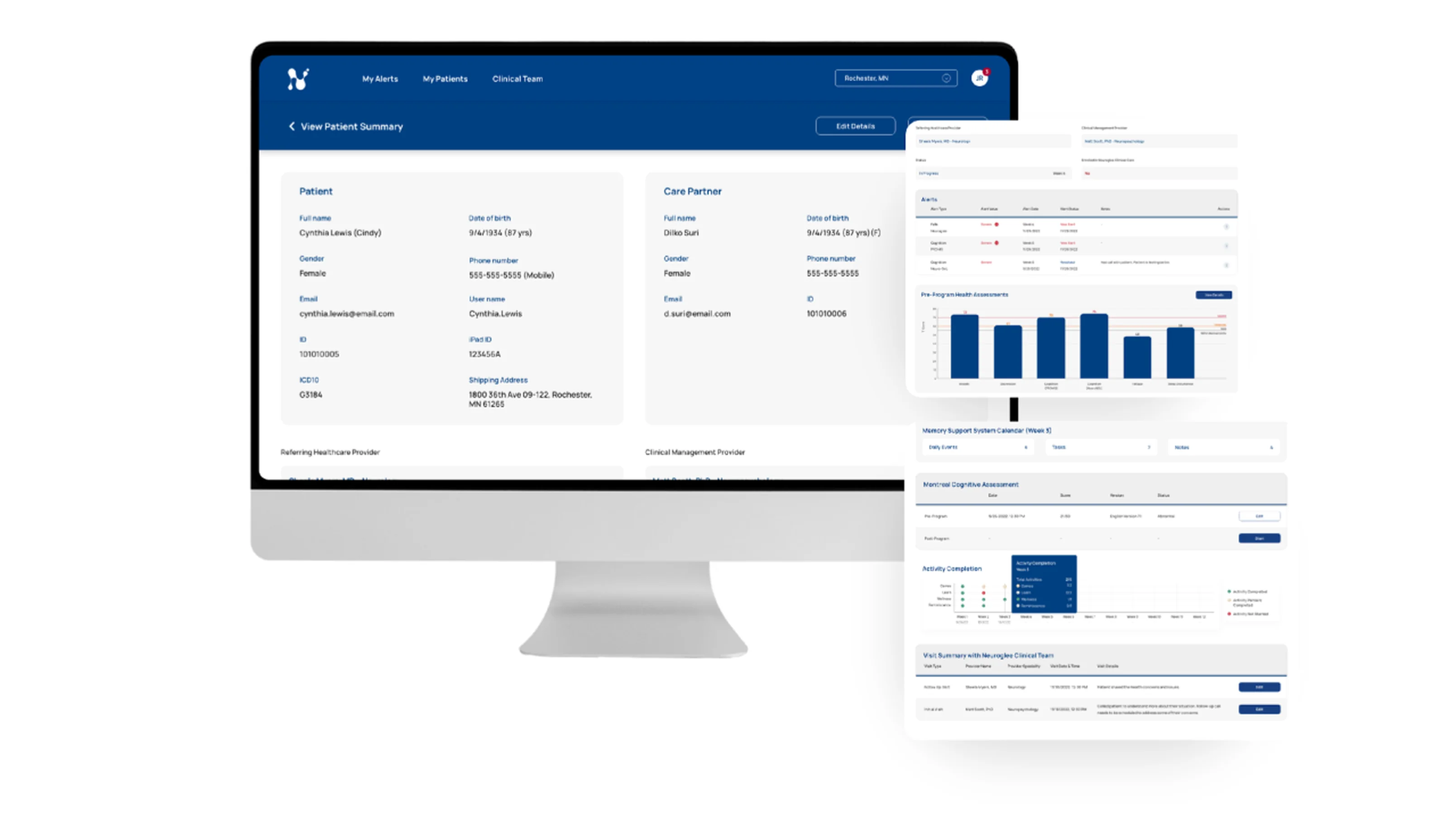 Clinician dashboard patient summary and assessment charts
