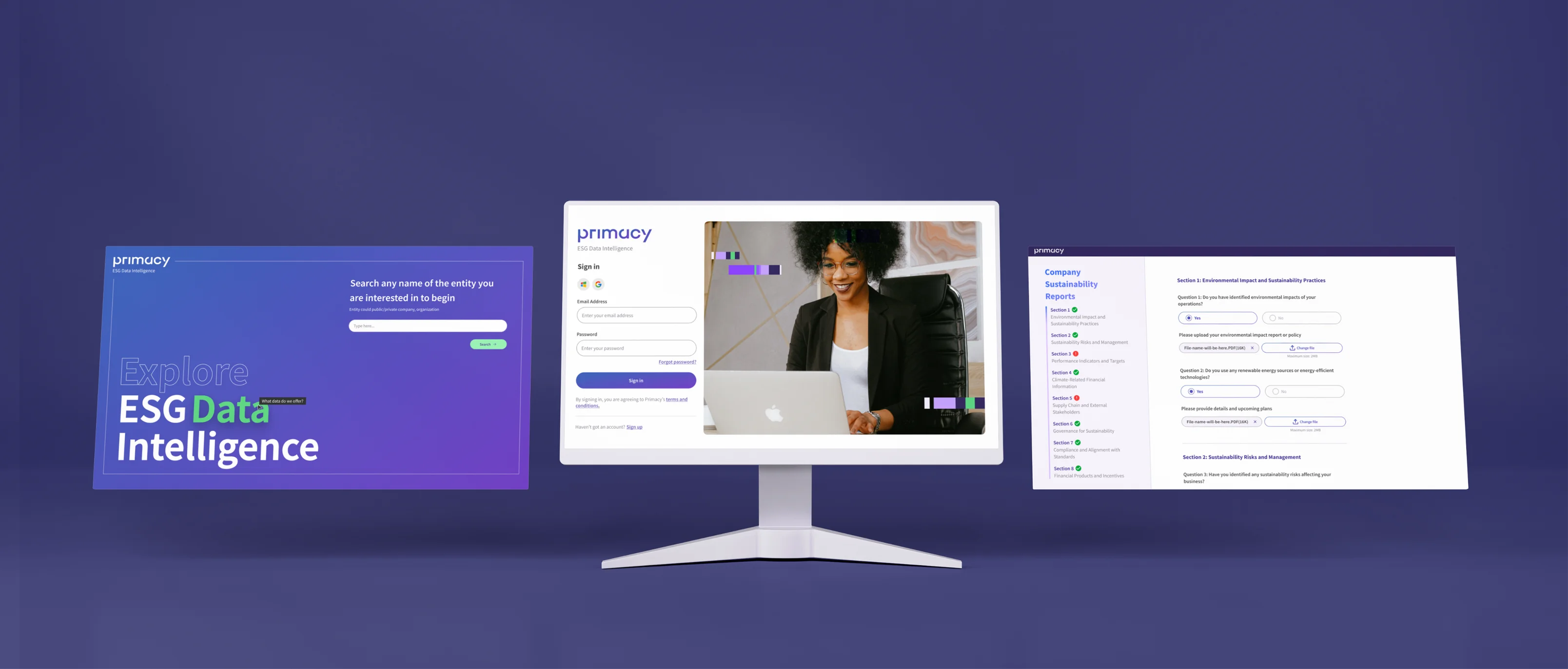 Primacy onboarding and sustainability assessment screens