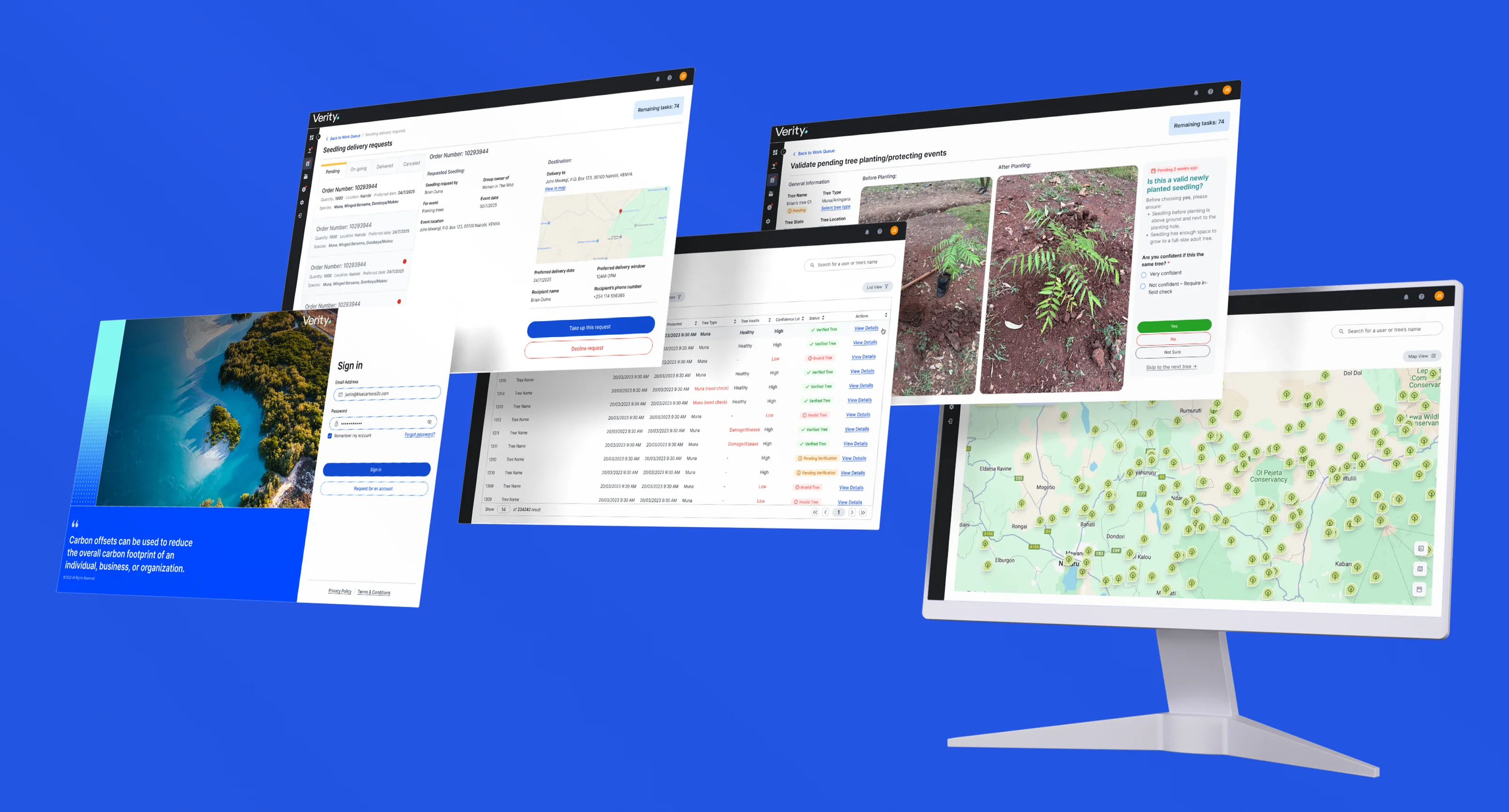 Admin dashboard screens for managing users, trees and planting events
