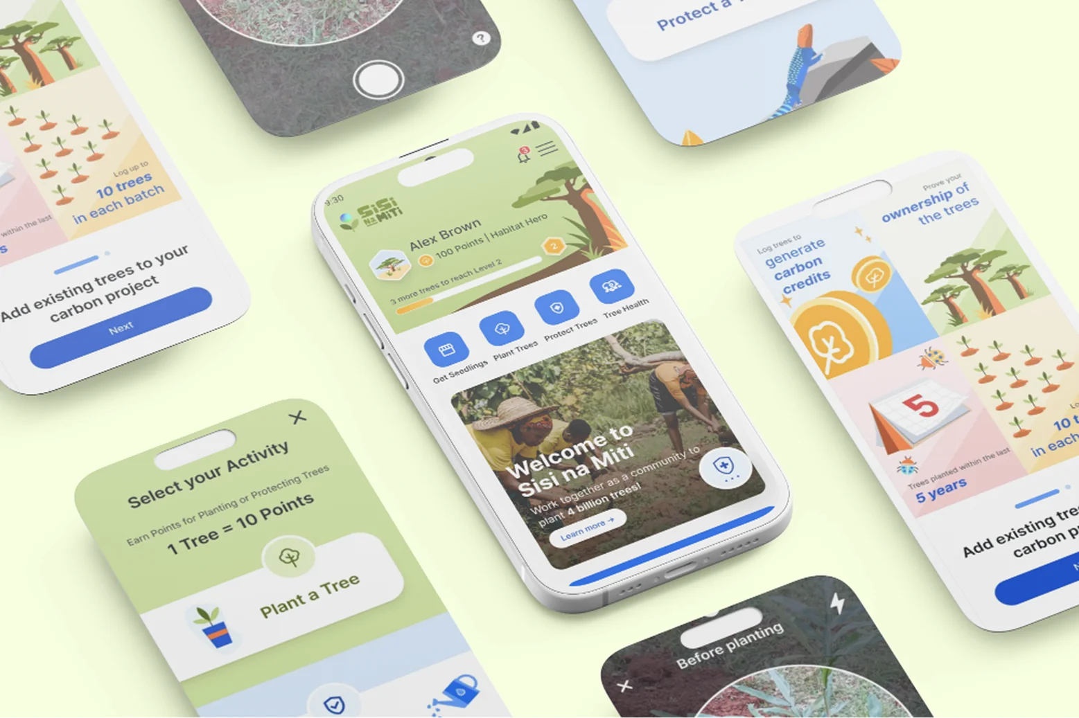Verity mobile app planting and carbon project mockups