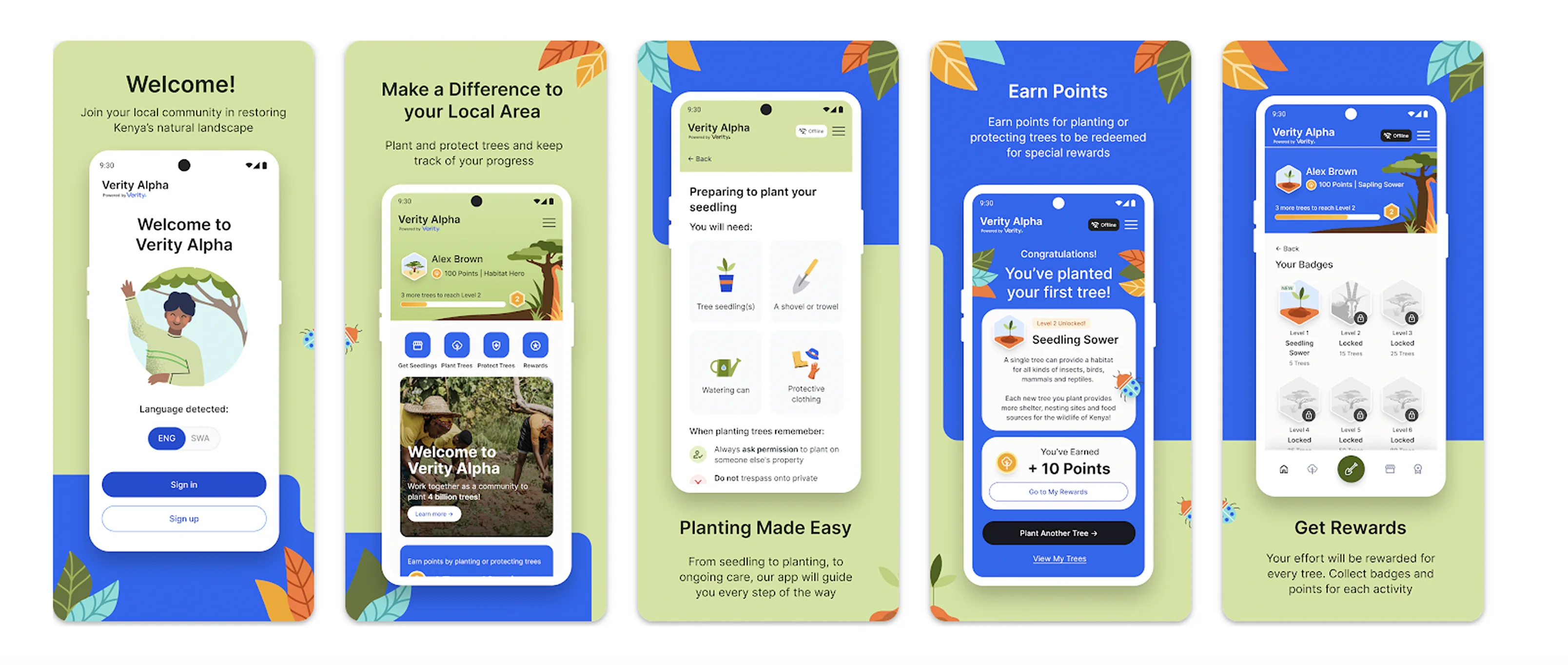 Mobile app onboarding, planting guidance, points and rewards screens